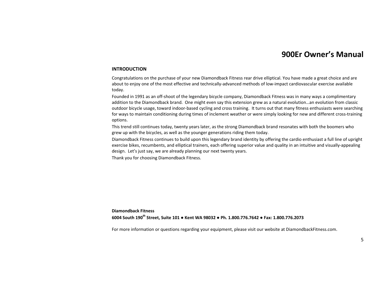 900er owner’s manual | Diamondback Fitness 900Er User Manual | Page 5 / 52