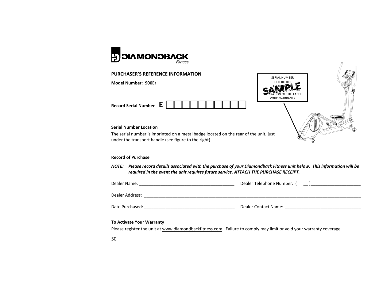 Diamondback Fitness 900Er User Manual | Page 50 / 52