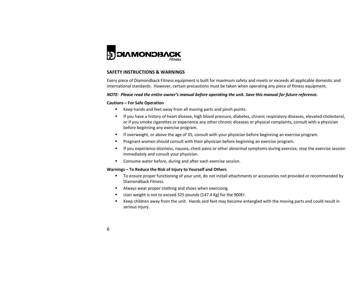 Diamondback Fitness 900Er User Manual | Page 6 / 52