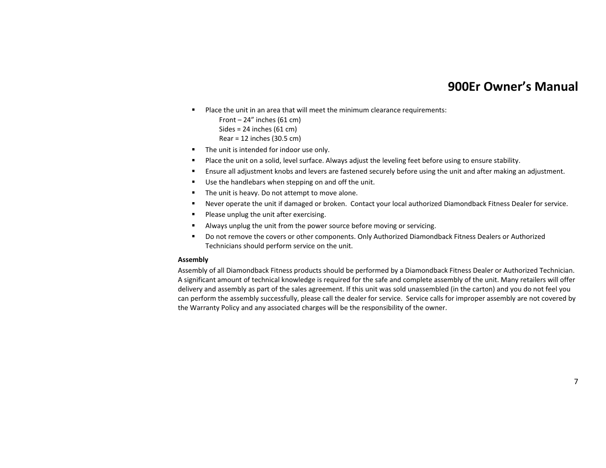 900er owner’s manual | Diamondback Fitness 900Er User Manual | Page 7 / 52