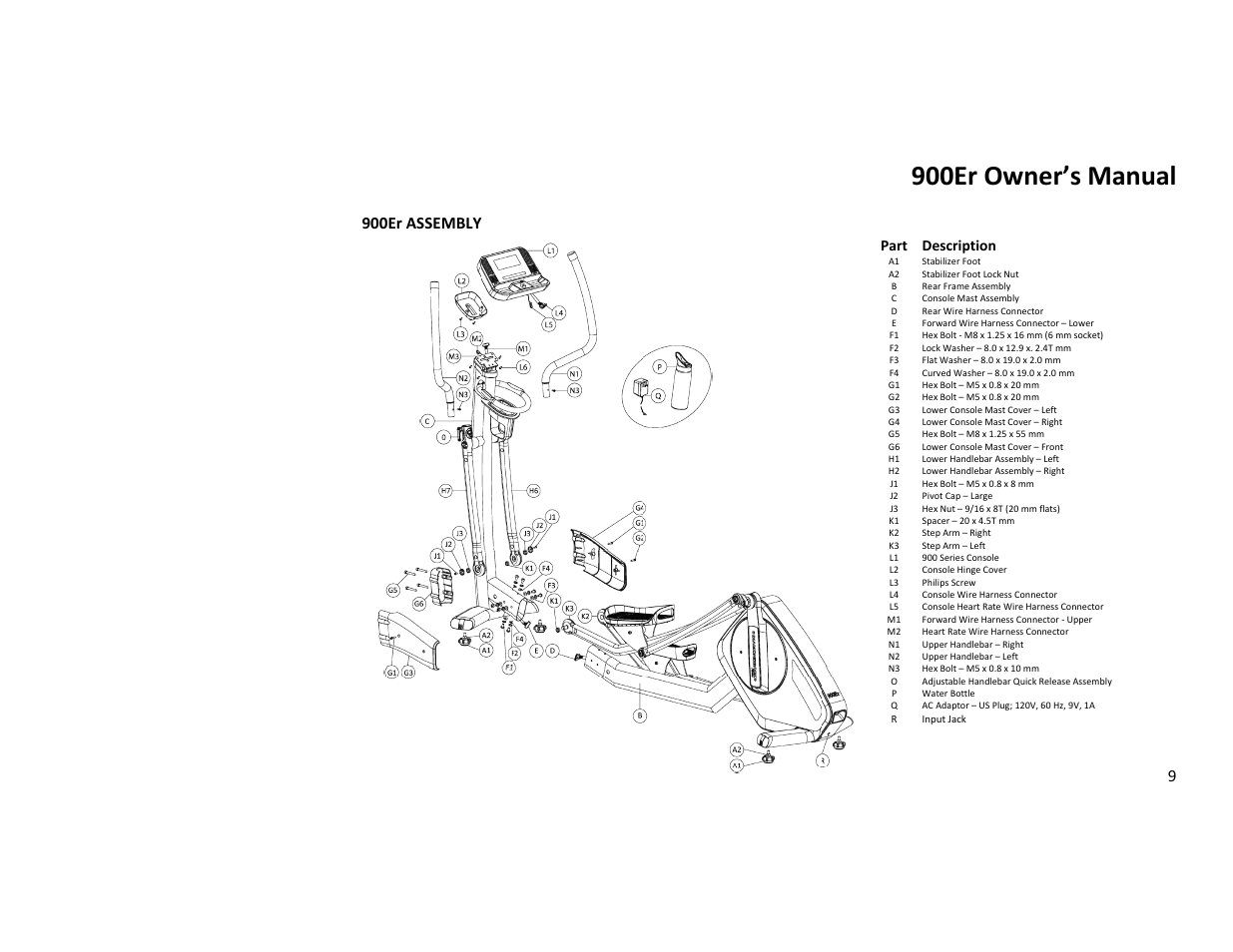 900er owner’s manual, 9 900er assembly, Part description | Diamondback Fitness 900Er User Manual | Page 9 / 52