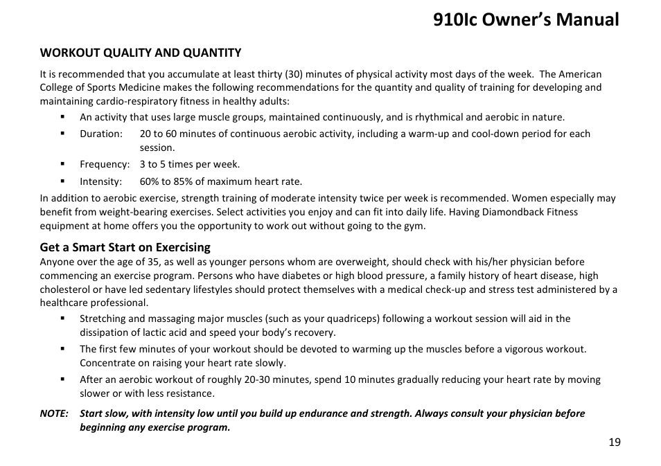 910ic owner’s manual | Diamondback Fitness 910Ic User Manual | Page 19 / 36