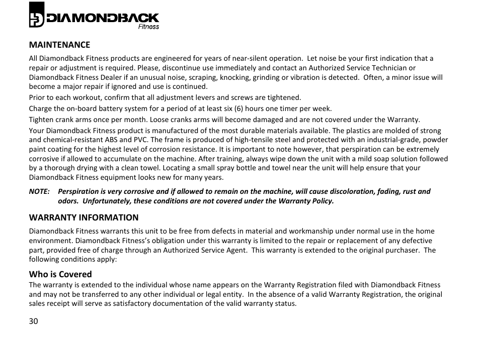 Maintenance, Warranty information | Diamondback Fitness 910Ic User Manual | Page 30 / 36