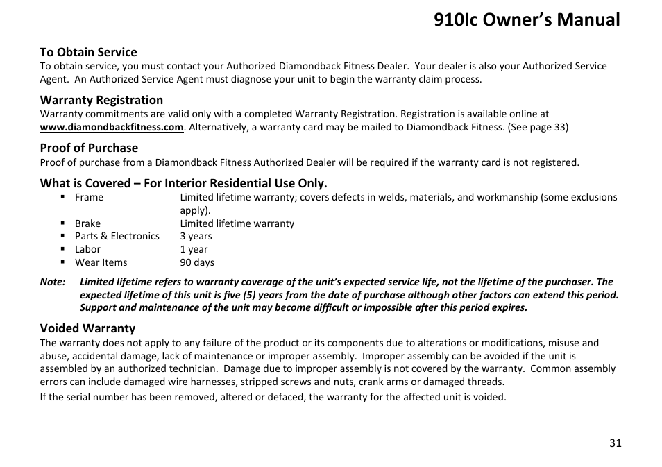 910ic owner’s manual | Diamondback Fitness 910Ic User Manual | Page 31 / 36