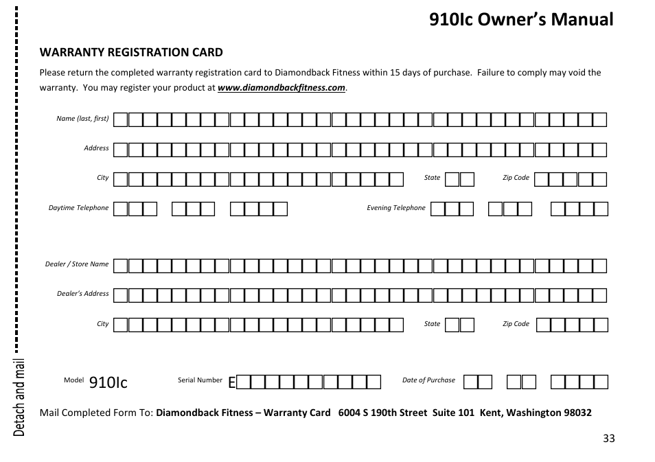 910ic owner’s manual, 910ic | Diamondback Fitness 910Ic User Manual | Page 33 / 36