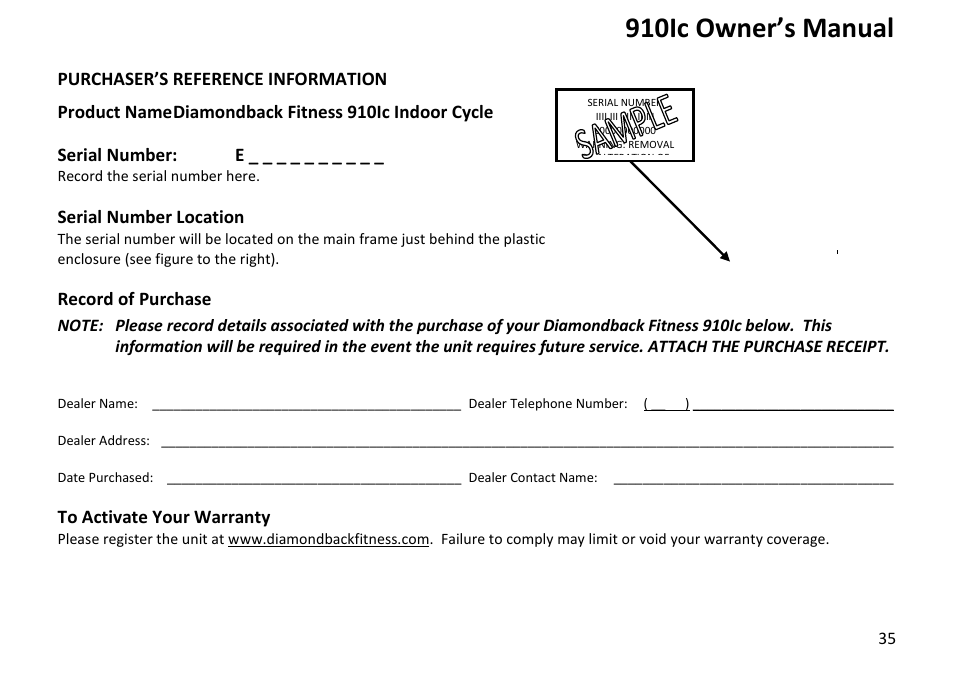 910ic owner’s manual | Diamondback Fitness 910Ic User Manual | Page 35 / 36