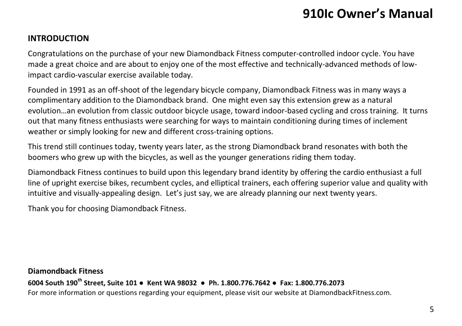 910ic owner’s manual | Diamondback Fitness 910Ic User Manual | Page 5 / 36