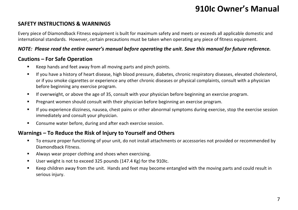 Safety instructions & warnings, 910ic owner’s manual | Diamondback Fitness 910Ic User Manual | Page 7 / 36