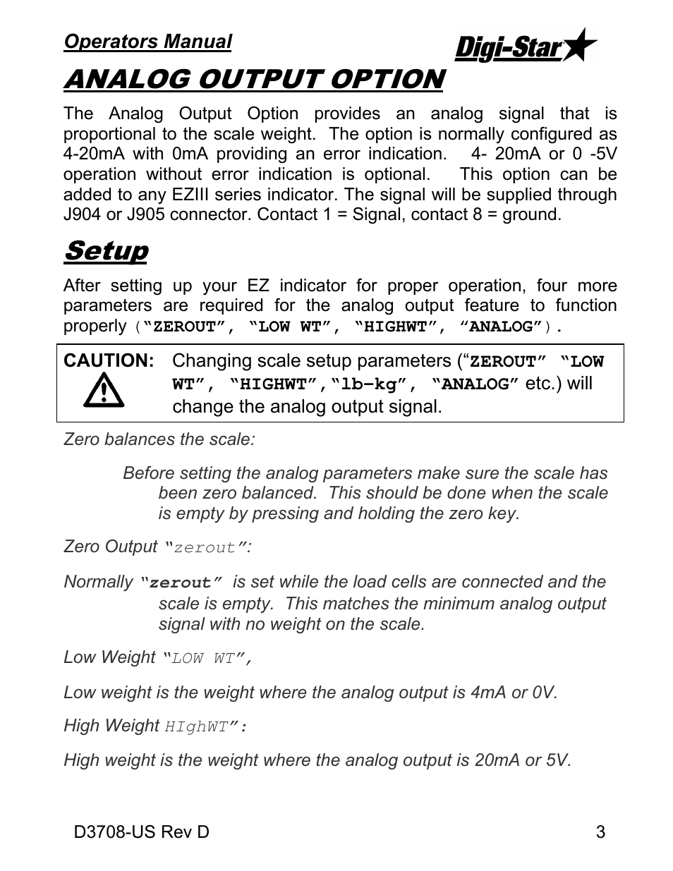 Analog output option, Setup | Digi-Star Analog Output EZIII User Manual | Page 3 / 8