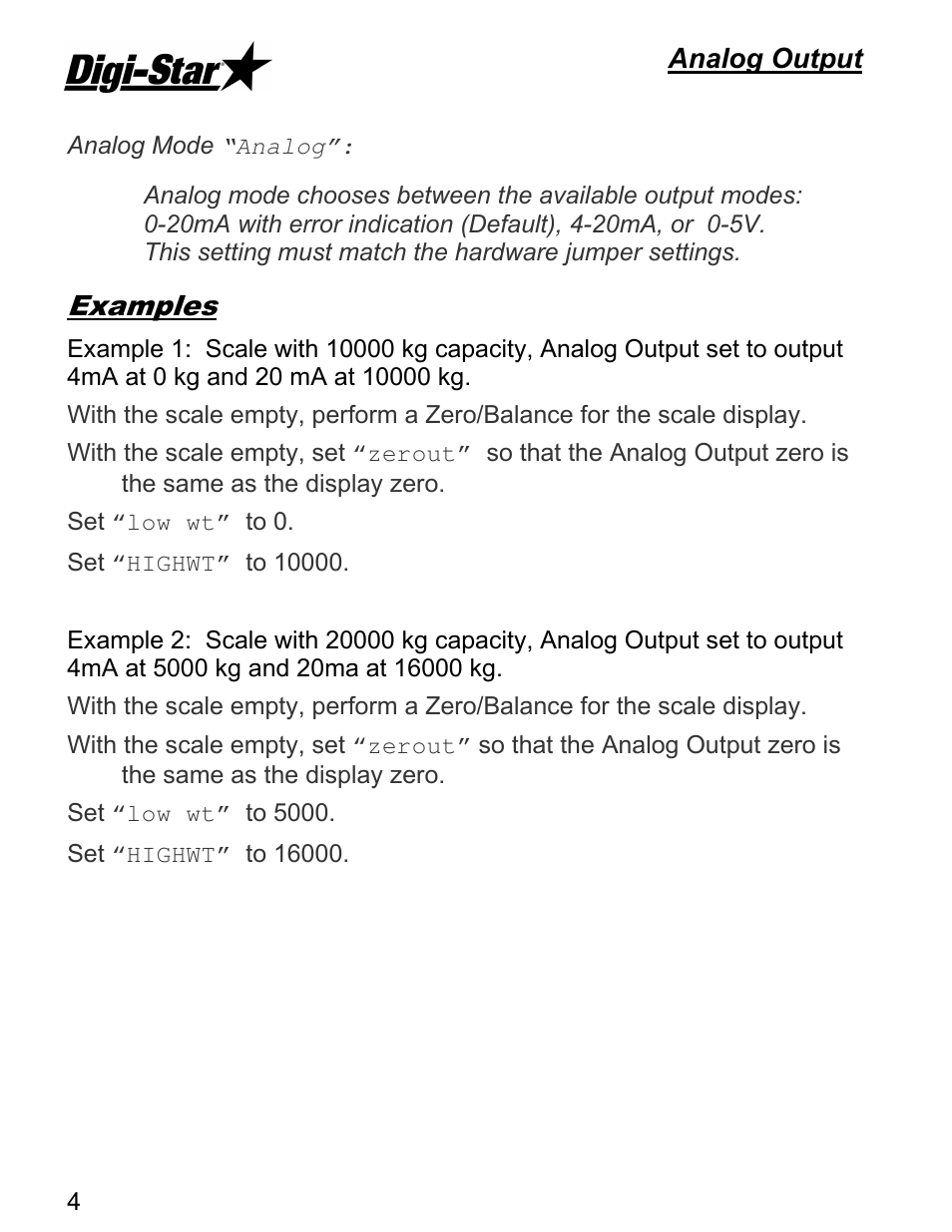 Examples, Analog output | Digi-Star Analog Output EZIII User Manual | Page 4 / 8