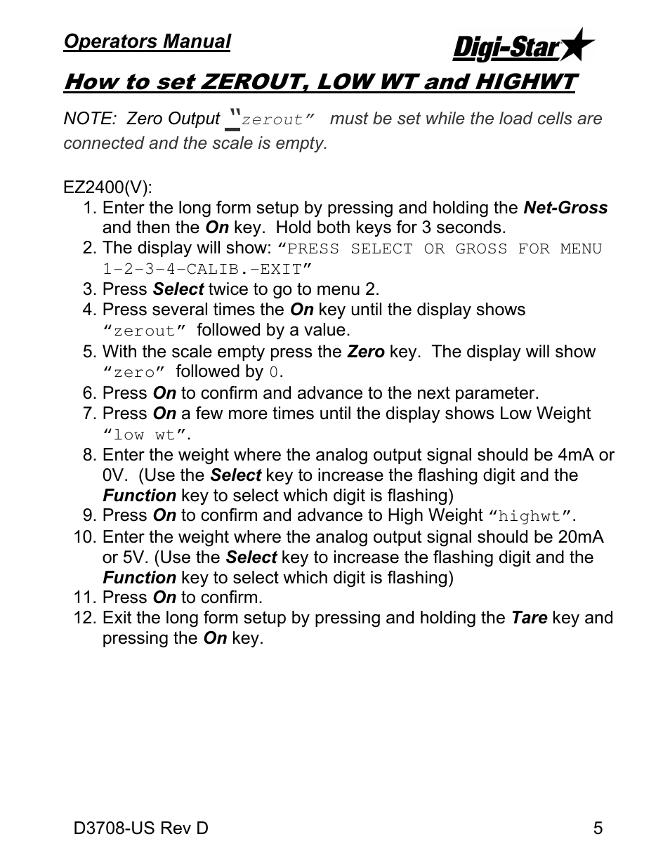How to set zerout, low wt and highwt | Digi-Star Analog Output EZIII User Manual | Page 5 / 8