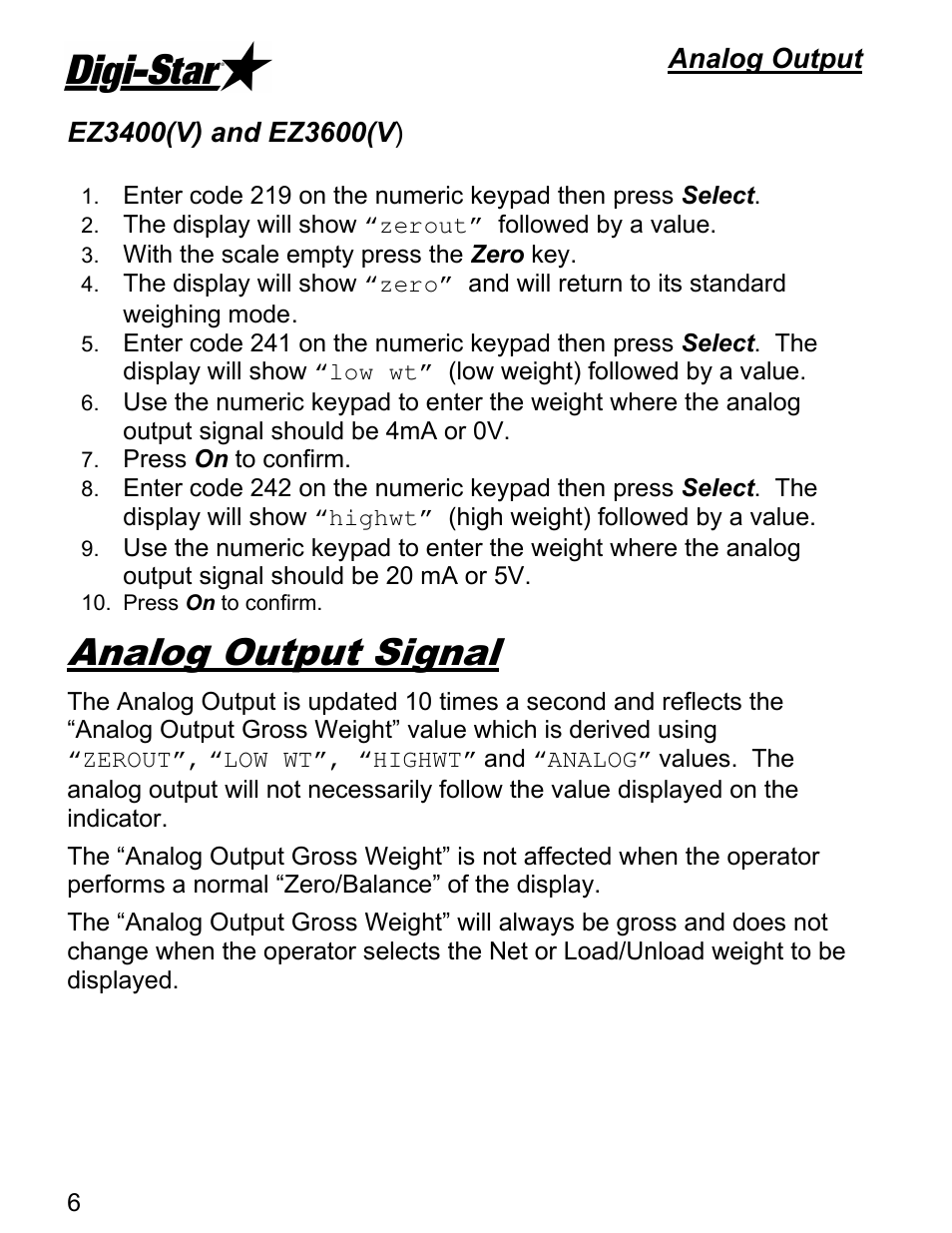 Analog output signal, Analog output | Digi-Star Analog Output EZIII User Manual | Page 6 / 8