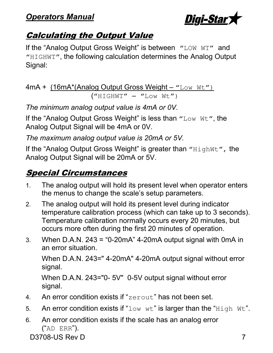 Calculating the output value, Special circumstances, Operators manual | Digi-Star Analog Output EZIII User Manual | Page 7 / 8
