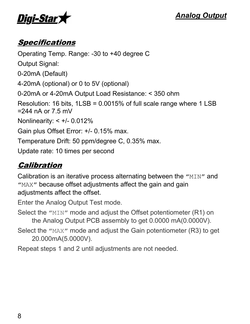 Specifications, Calibration, Analog output | Digi-Star Analog Output EZIII User Manual | Page 8 / 8