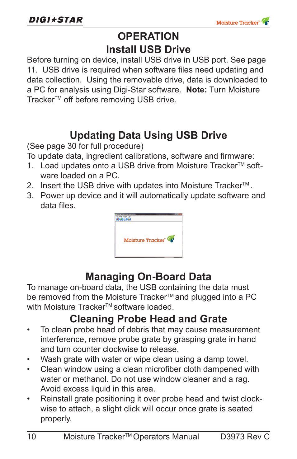 Operation, Install usb drive, Updating data using usb drive | Managing on-board data, Cleaning probe head and grate, Operation install usb drive | Digi-Star Moisture Tracker User Manual | Page 10 / 34
