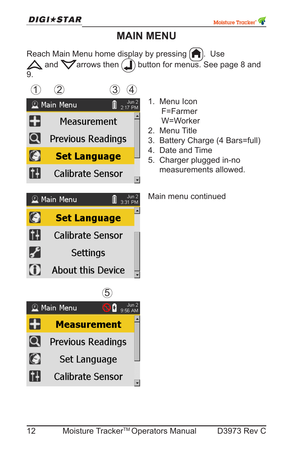 Main menu | Digi-Star Moisture Tracker User Manual | Page 12 / 34