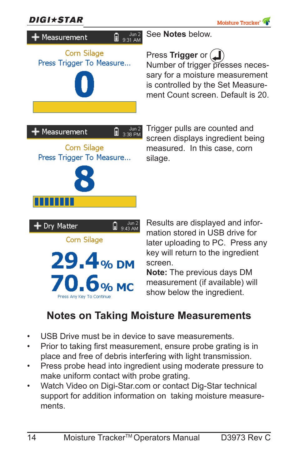 Notes on taking moisture measurements | Digi-Star Moisture Tracker User Manual | Page 14 / 34