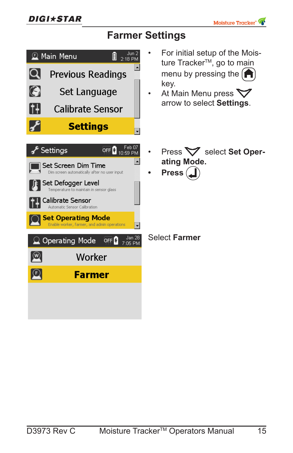 Farmer settings | Digi-Star Moisture Tracker User Manual | Page 15 / 34