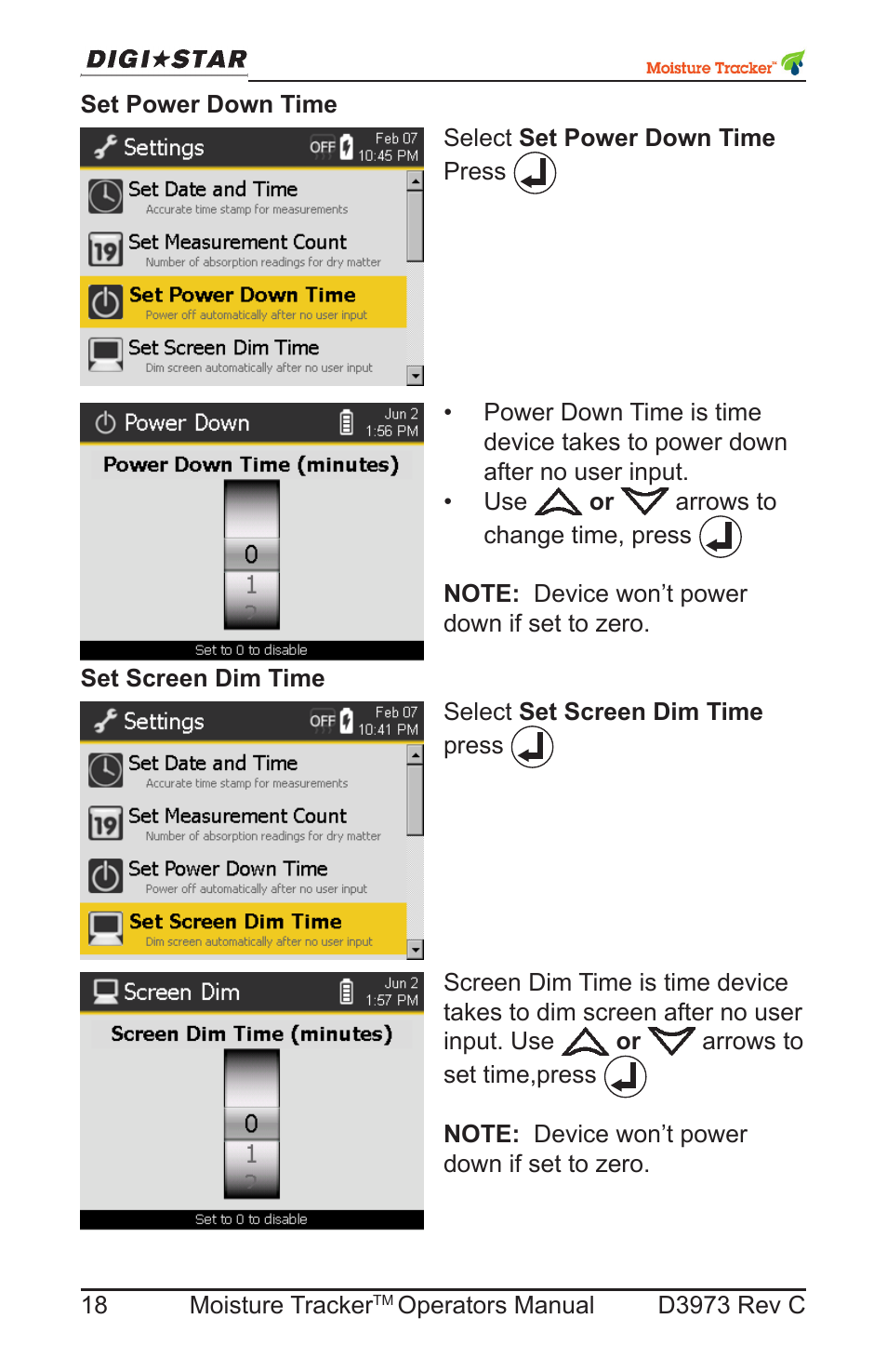 Set power down time, Set screen dim time, Set power down time set screen dim time | Digi-Star Moisture Tracker User Manual | Page 18 / 34