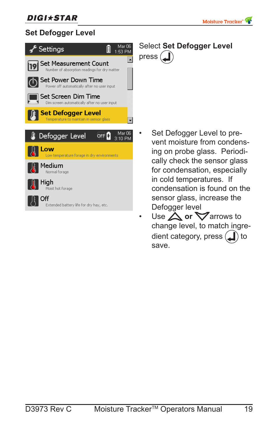 Set defogger level | Digi-Star Moisture Tracker User Manual | Page 19 / 34