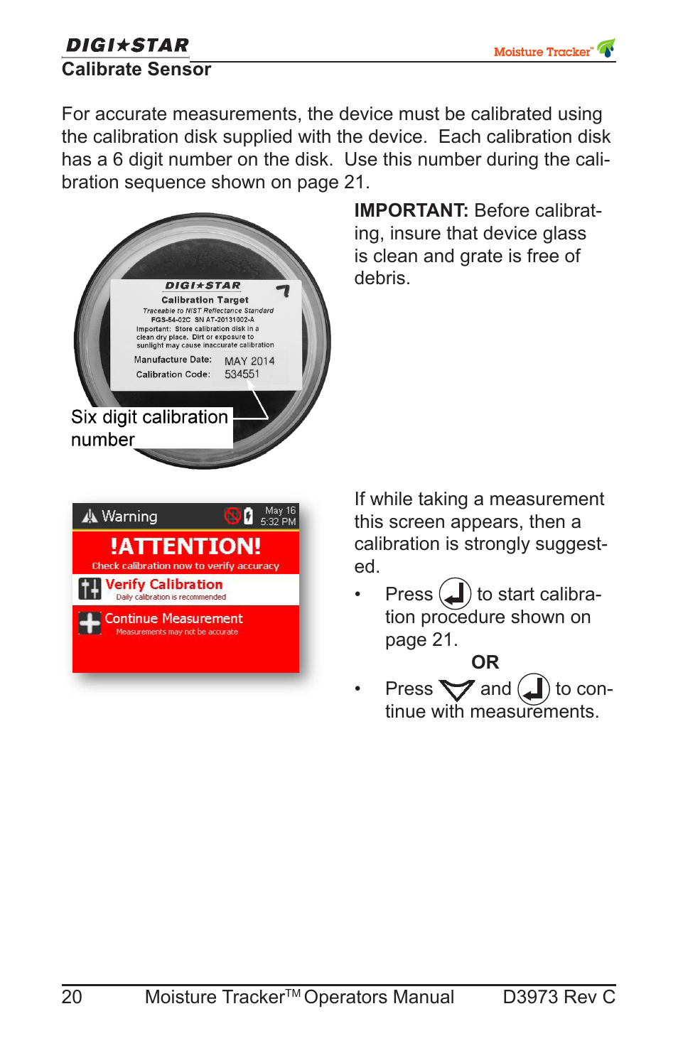 Calibrate sensor | Digi-Star Moisture Tracker User Manual | Page 20 / 34