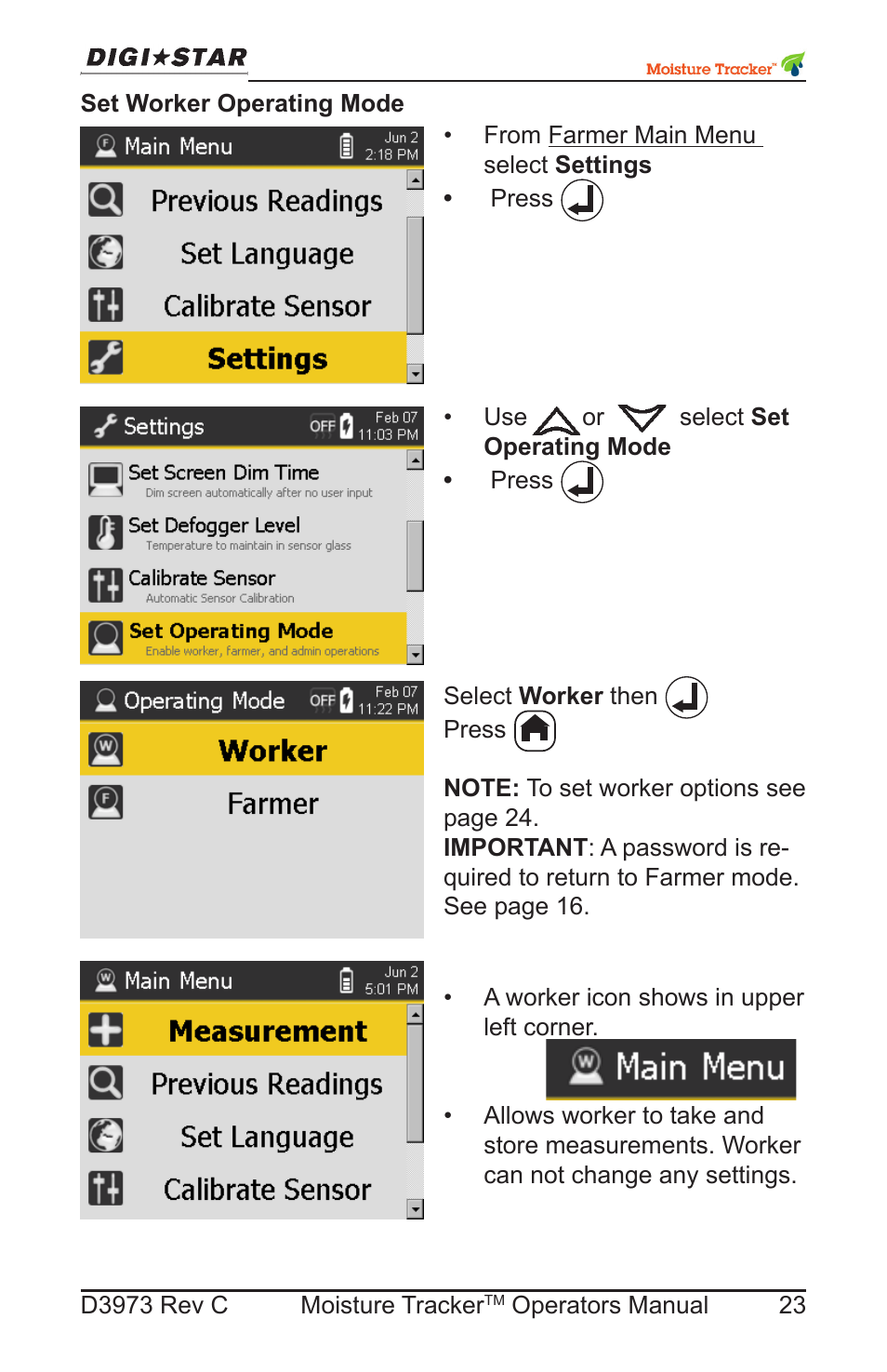 Set worker operating mode | Digi-Star Moisture Tracker User Manual | Page 23 / 34