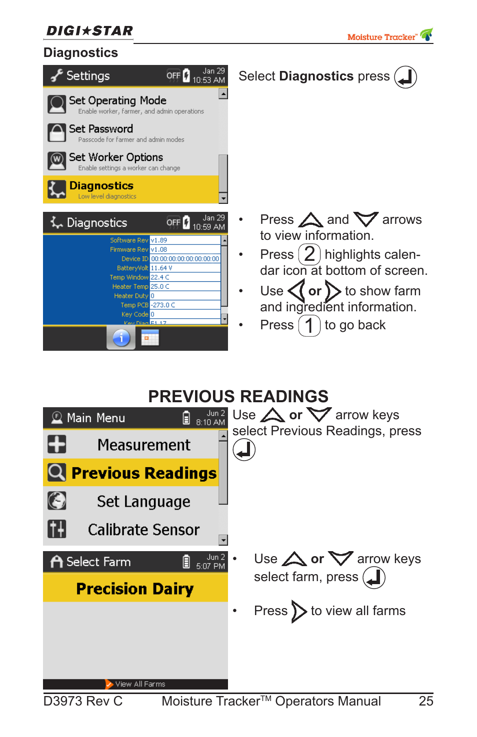 Diagnostics, Previous readings | Digi-Star Moisture Tracker User Manual | Page 25 / 34