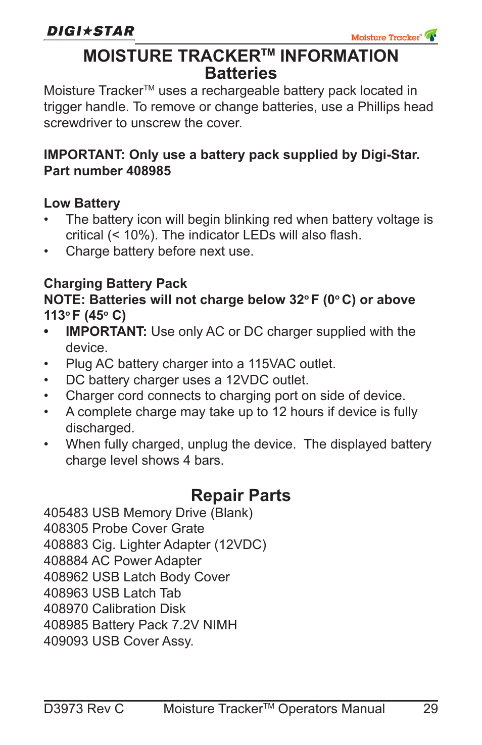 Moisture tracker information, Batteries, Low battery | Charging battery pack, Repair parts, Moisture tracker, Information, Low battery charging battery pack, Information batteries | Digi-Star Moisture Tracker User Manual | Page 29 / 34