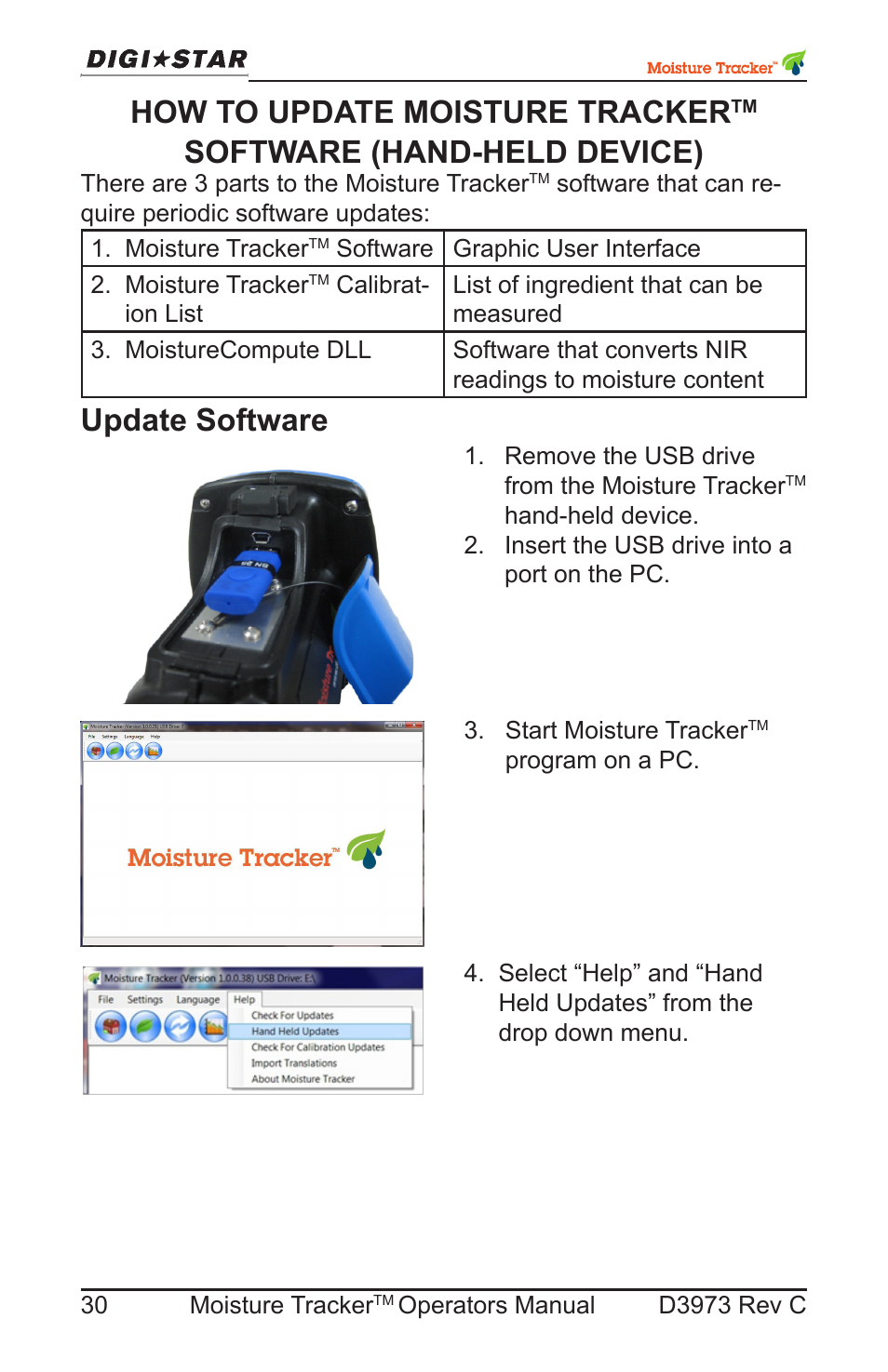 How to update moisture tracker, Software (hand-held device), Update software | Digi-Star Moisture Tracker User Manual | Page 30 / 34