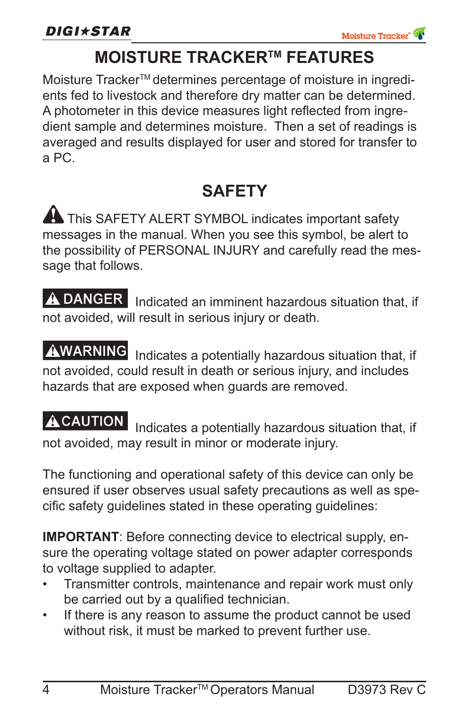 Moisture tracker features, Safety, Moisture tracker | Features | Digi-Star Moisture Tracker User Manual | Page 4 / 34
