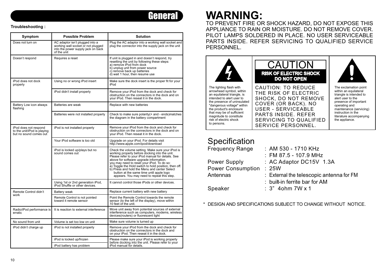 Warning, Caution, General | Specification | Crosley Radio CR02-002A User Manual | Page 2 / 6