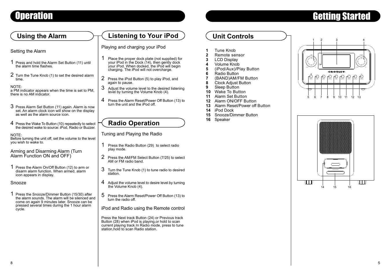 Operation, Getting started, Unit controls | Listening to your ipod radio operation, Using the alarm | Crosley Radio CR02-002A User Manual | Page 3 / 6