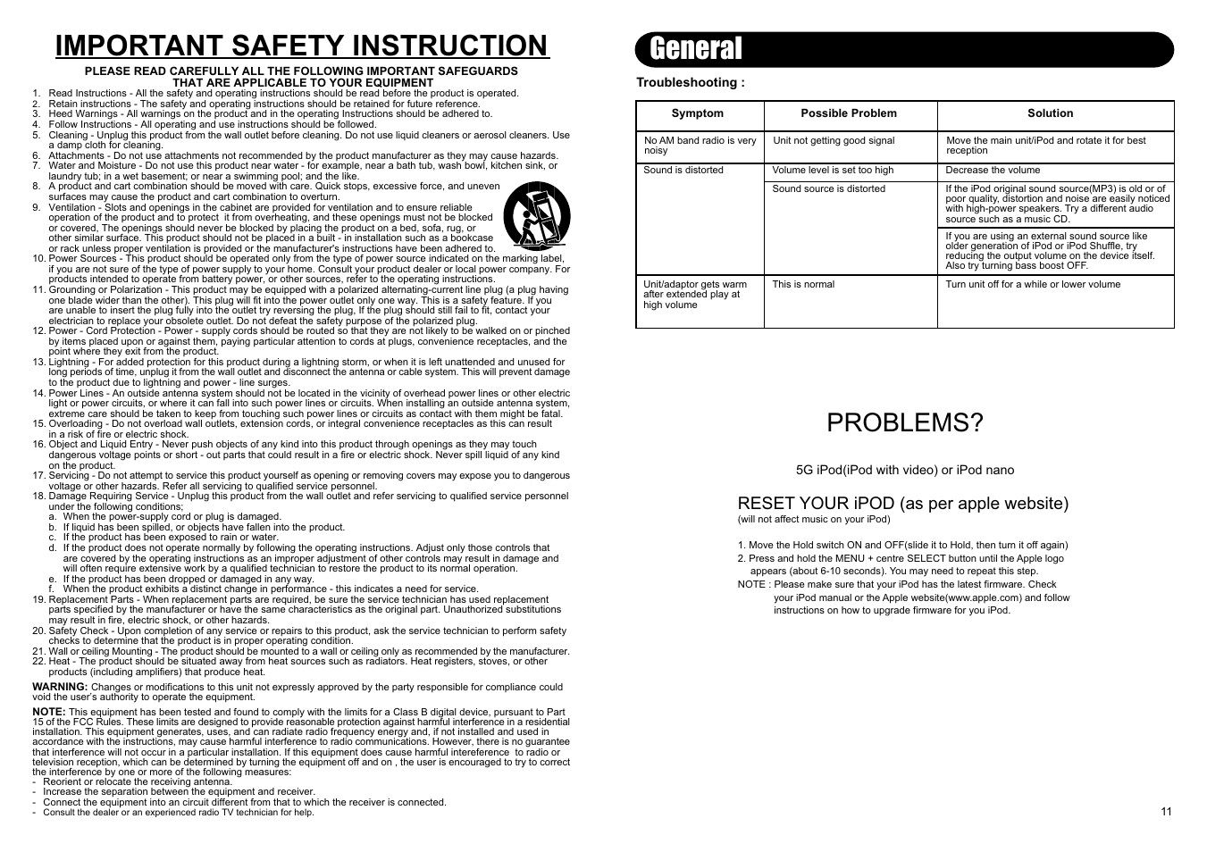 General, Important safety instruction, Problems | Reset your ipod (as per apple website) | Crosley Radio CR02-002A User Manual | Page 4 / 6