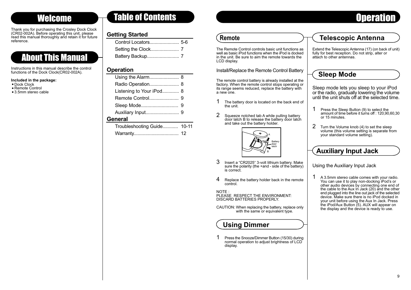 Operation, About this manual, Welcome table of contents | Crosley Radio CR02-002A User Manual | Page 5 / 6