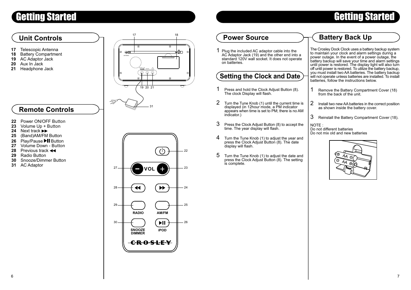 Getting started, Setting the clock and date, Unit controls remote controls | Battery back up power source | Crosley Radio CR02-002A User Manual | Page 6 / 6