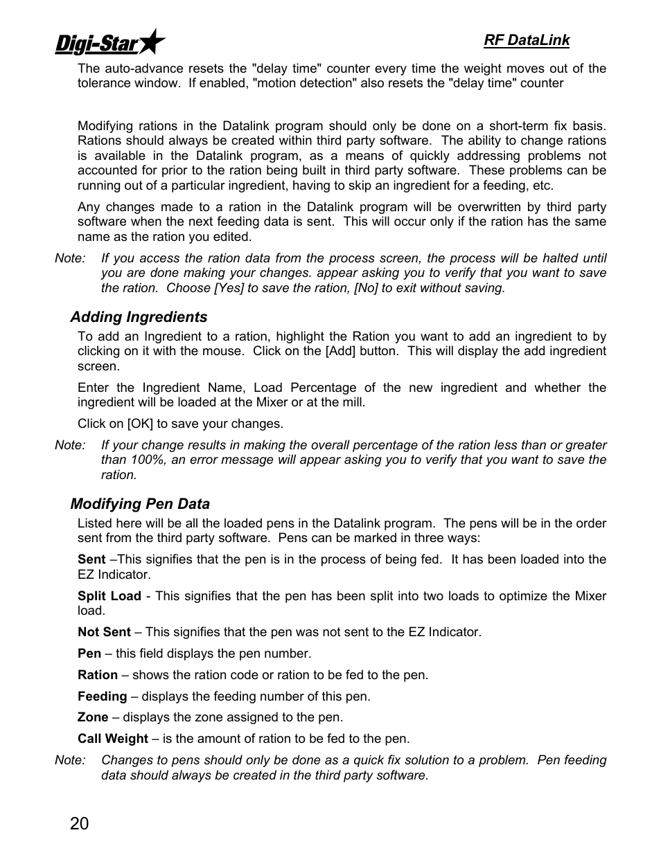 Rf datalink, Adding ingredients, Modifying pen data | Digi-Star RF DataLink Operators Manual User Manual | Page 26 / 34