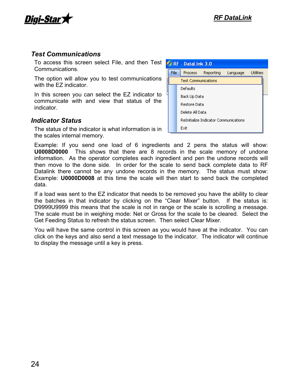 Rf datalink, Test communications, Indicator status | Digi-Star RF DataLink Operators Manual User Manual | Page 30 / 34