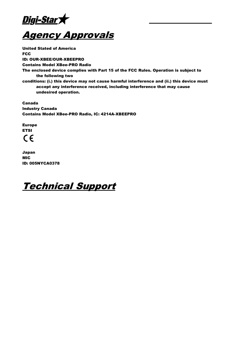 Agency approvals, Technical support, Cab control 2.4 | Digi-Star Cab Control 2.4 User Manual | Page 10 / 10