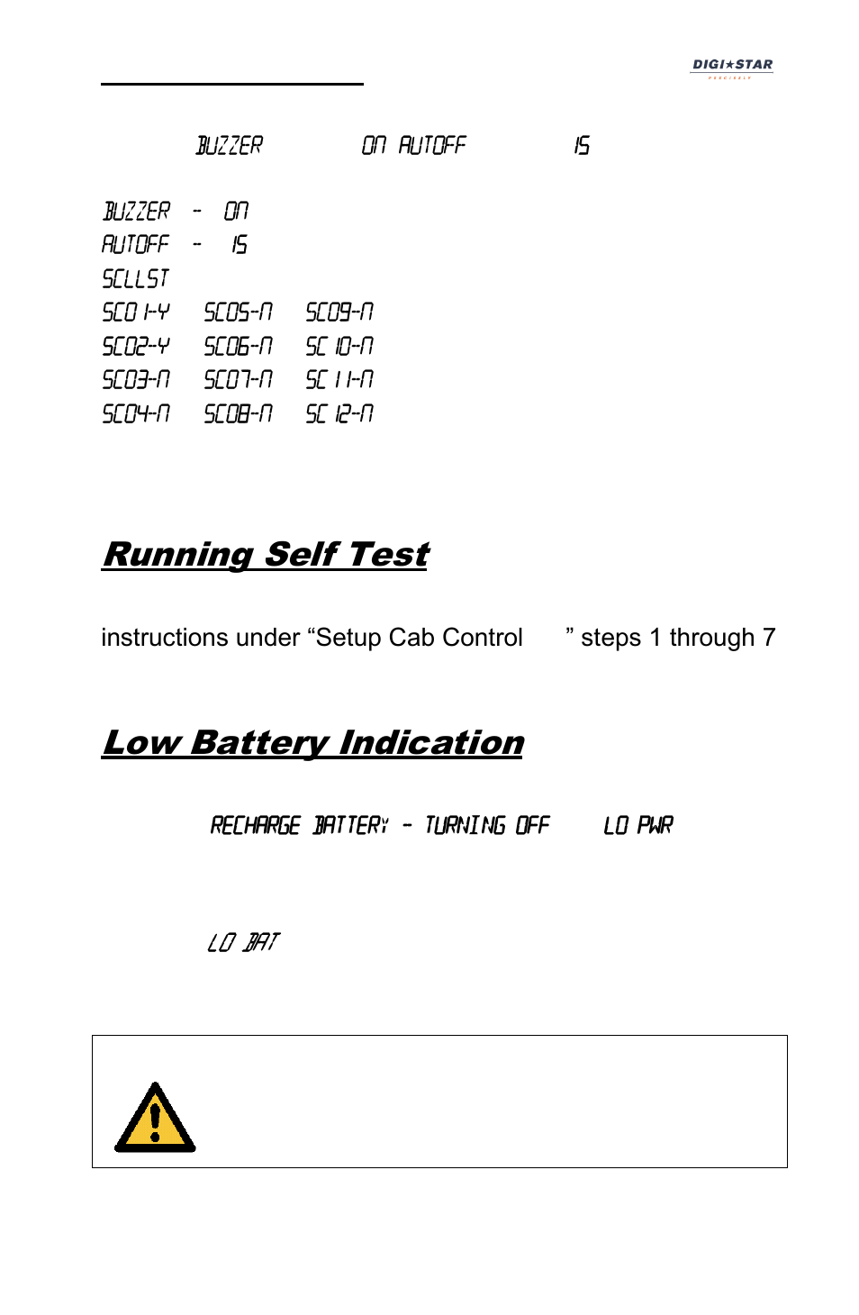 Running self test, Low battery indication, Operators manual | Digi-Star Cab Control 2.4 User Manual | Page 9 / 10