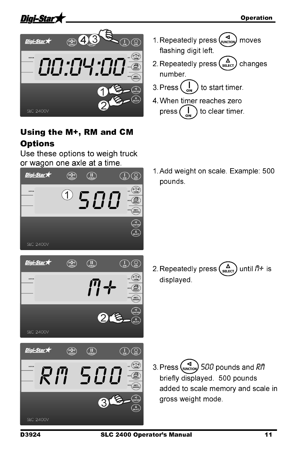 500 m, Rm 500, Using the m+, rm and cm options | Digi-Star SLC 2400 User Manual | Page 11 / 22
