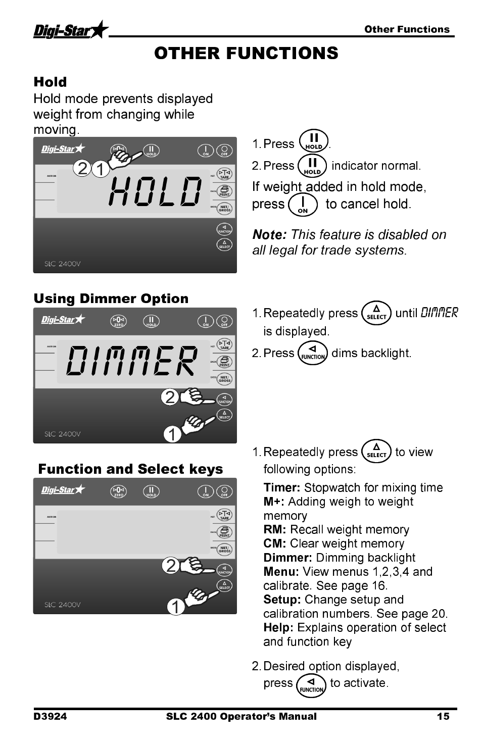 Dimmer, Hold, Using dimmer option | Function and select keys | Digi-Star SLC 2400 User Manual | Page 15 / 22