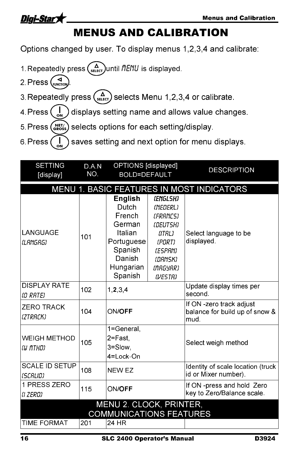 Press, Repeatedly press selects menu 1,2,3,4 or calibrate, Press selects options for each setting/display | Menu 1. basic features in most indicators, Menu 2. clock, printer, communications features, English, Repeatedly press until, Is displayed. 2, Menus and calibration | Digi-Star SLC 2400 User Manual | Page 16 / 22