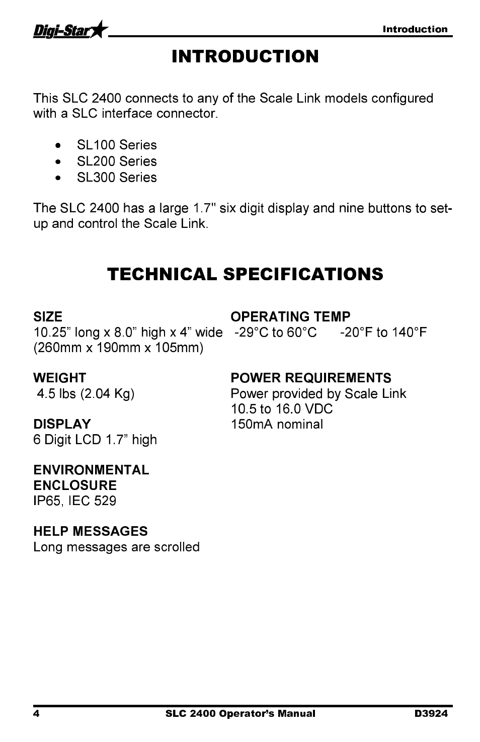 Sl100 series, Sl200 series, 5 lbs (2.04 kg) | 6 digit lcd 1.7” high, Long messages are scrolled | Digi-Star SLC 2400 User Manual | Page 4 / 22