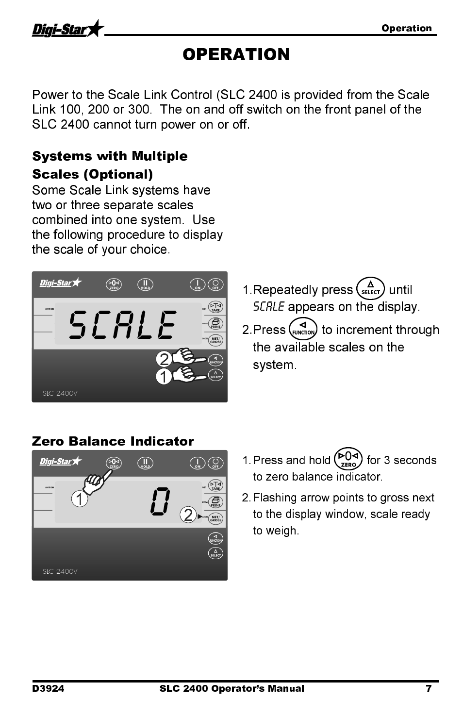 0scale, Systems with multiple scales (optional), Zero balance indicator | Digi-Star SLC 2400 User Manual | Page 7 / 22