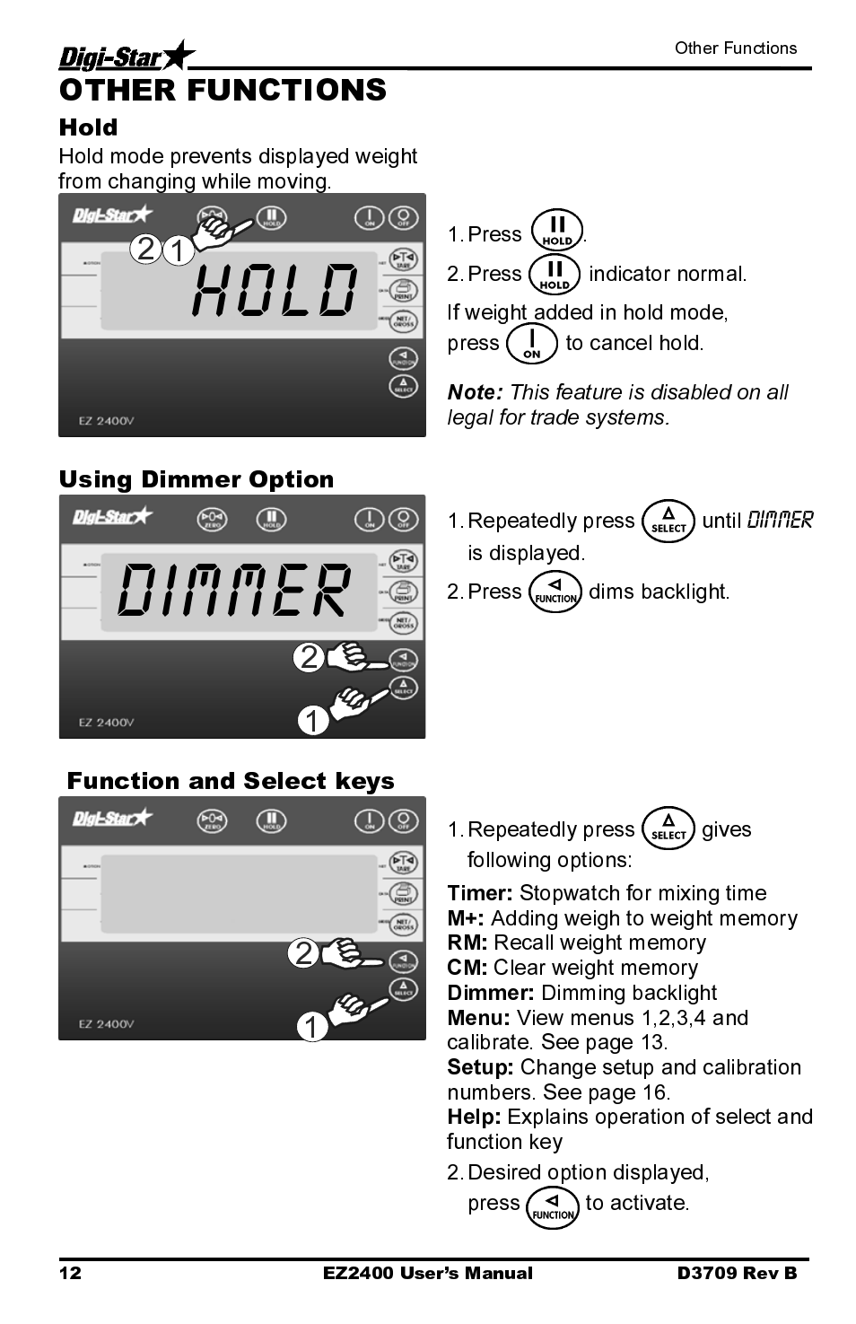 Dimmer, Hold, Using dimmer option | Function and select keys | Digi-Star EZ2400 User Manual | Page 16 / 29