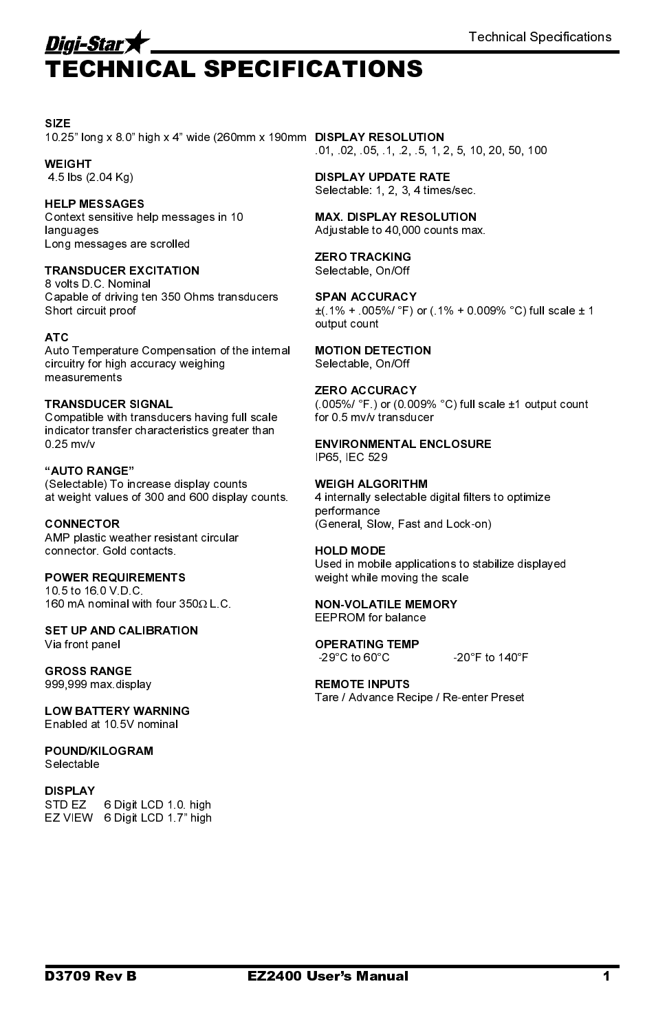 Technical specifications | Digi-Star EZ2400 User Manual | Page 5 / 29