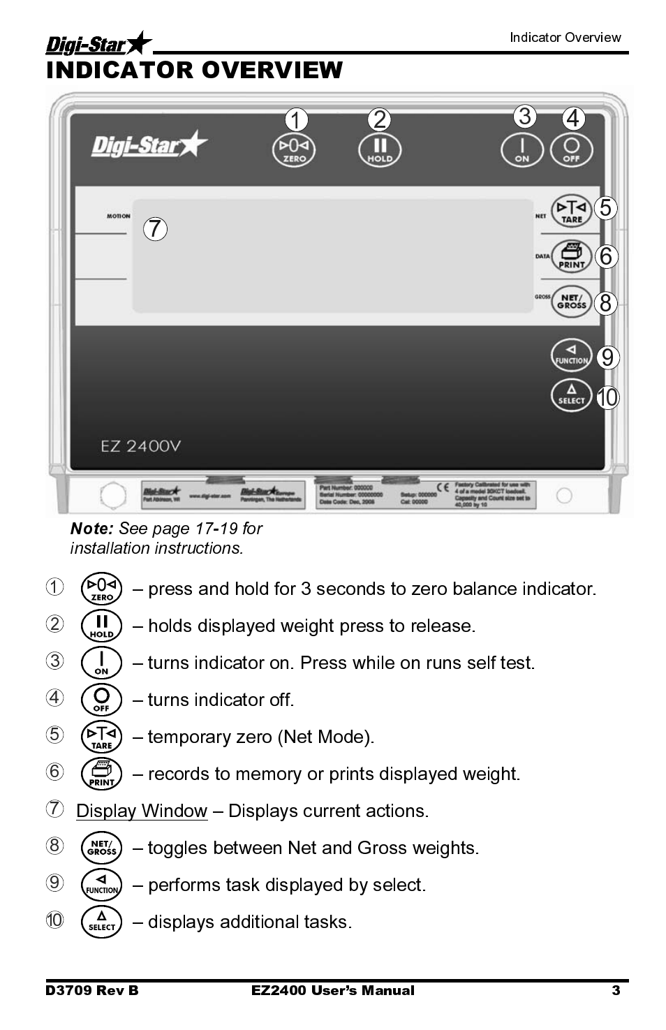 Holds displayed weight press to release, Turns indicator on. press while on runs self test, Turns indicator off | Temporary zero (net mode), Display window – displays current actions, Toggles between net and gross weights, Performs task displayed by select, Displays additional tasks, Indicator overview | Digi-Star EZ2400 User Manual | Page 7 / 29