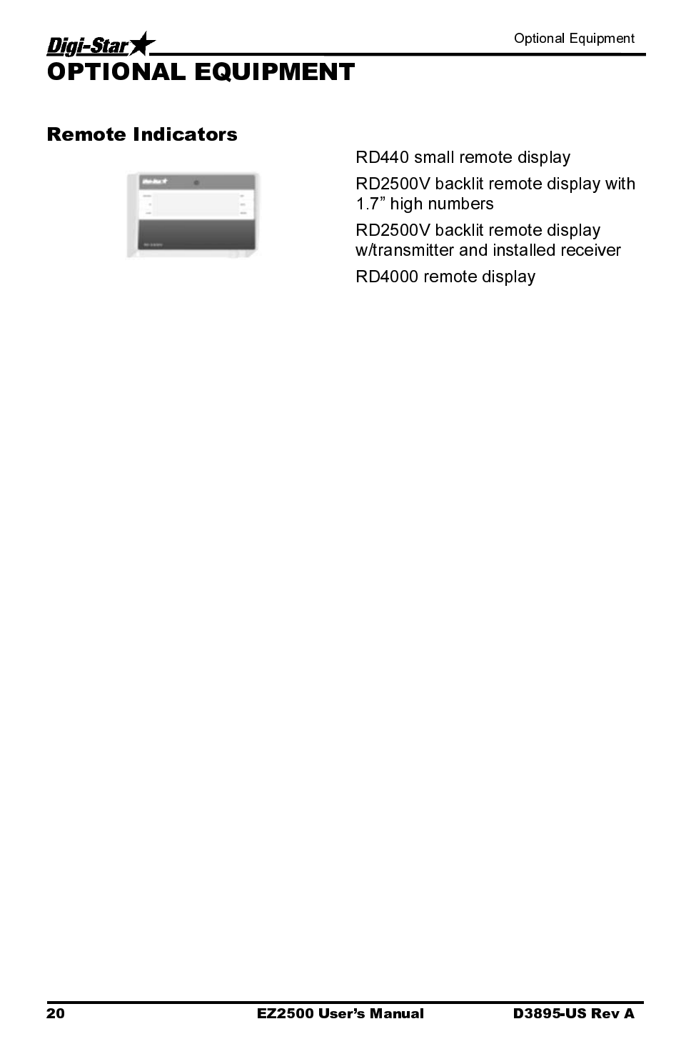 Remote indicators, Optional equipment | Digi-Star EZ2500 User Manual | Page 24 / 26