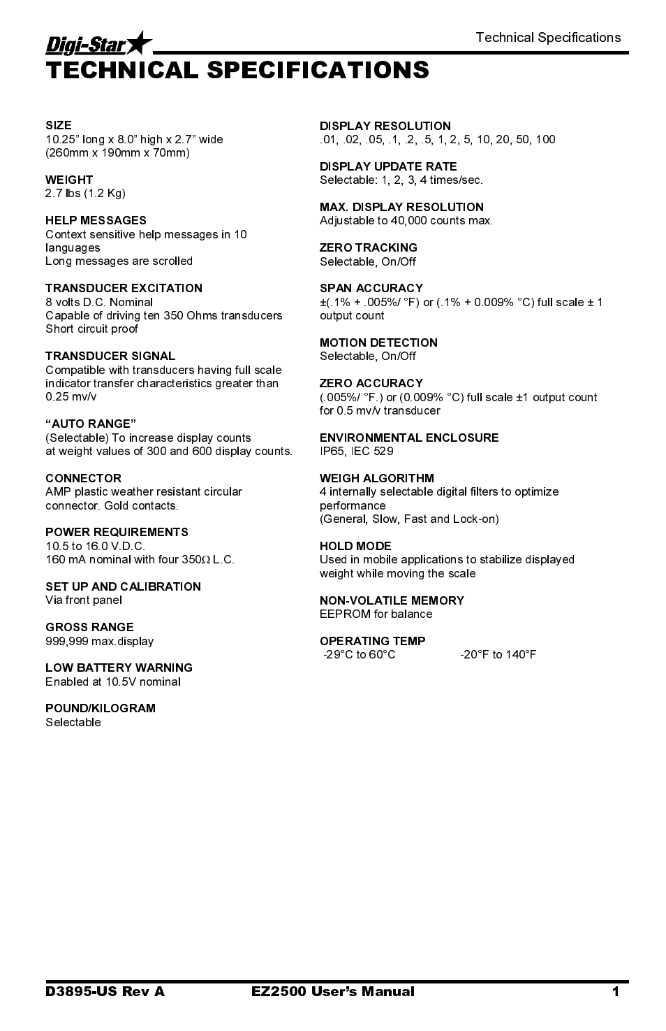 Technical specifications | Digi-Star EZ2500 User Manual | Page 5 / 26