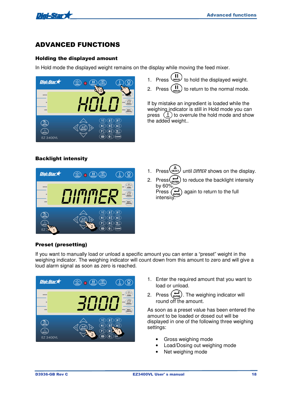 Hold 3000, Dimmer | Digi-Star EZ3400VL User Manual | Page 18 / 33